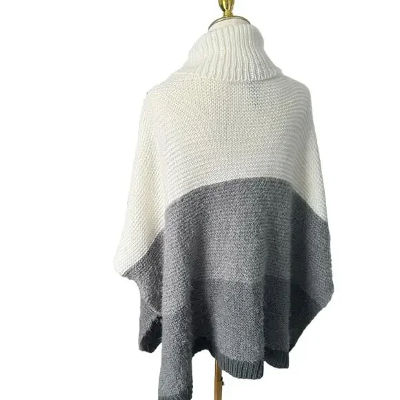 Vince Camuto Colorblock Turtleneck Sweater Grey White Poncho Shrug Thick Warm OS - Picture 10 of 16